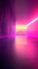 Poster - Radiant hues of purple blend seamlessly into a surreal landscape at dusk. This enchanting corridor invites exploration, revealing majestic mountains beyond a glowing horizon