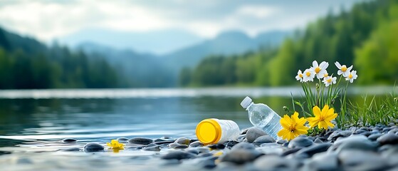 Wall Mural - Littered Shoreline of a Scenic Mountain Lake with Scattered Trash and Plastic Bottles Highlighting the Environmental Damage and Need for Conservation Efforts