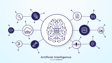 Poster - Concept of Artificial intelligence. AI technology for big data analytics and generate ideas. Creating innovation from machine learning. AI and Neural networks. Vector illustration.