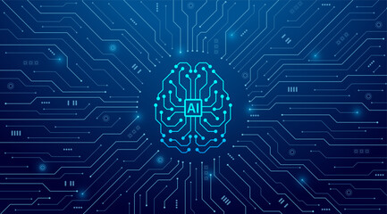 Poster - Concept of Artificial intelligence. AI digital brain on the circuit motherboard. Futuristic technology background. Vector illustration for banner and web template.