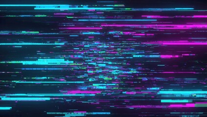 Wall Mural - digital glitch noise texture with purple color shifts, distorted pixels and neon glow, futuristic cy