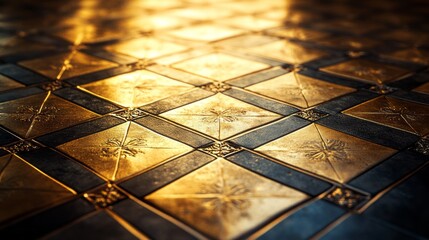 Aufkleber - Radiant ceramic tiles create a stunning visual display with intricate patterns, illuminated by soft golden light. The glossy finish enhances the elegance of the space, inviting contemplation