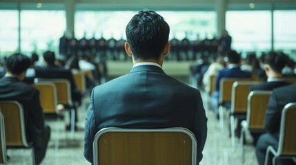 Leinwandbilder - A formal gathering with attendees seated, focusing on a speaker or presentation, showcasing a serious and professional atmosphere.
