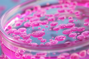 Poster - Pink liquid bubbling in a petri dish during a laboratory experiment