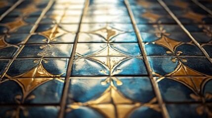 Poster - A close-up view captures the glossy surface of ceramic tiles adorned with elegant blue and gold designs. Soft light reflects off the tiles, enhancing their intricate patterns