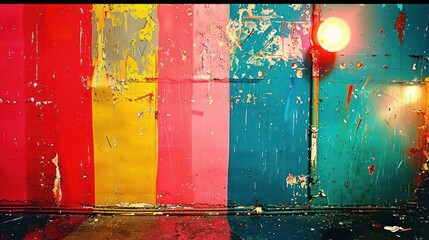 Poster - Vibrant abstract wall with colorful stripes and a warm light illuminating the scene