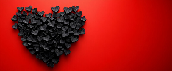 Poster - A collection of black heart-shaped objects arranged to form a heart on a vibrant red background, symbolizing love, passion, and affection, perfect for Valentine's Day or romantic themes.