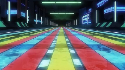 Aufkleber - Vibrant abstract corridor with colorful striped floor and illuminated ceiling in a futuristic setting