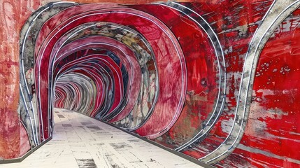 Aufkleber - Abstract red tunnel with curved walls creating a vibrant artistic perspective