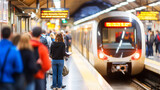 Subway Commute: A modern, sleek subway train pulls into a station, doors opening to reveal a bustling crowd of commuters. The blurred background creates a sense of motion and energy.