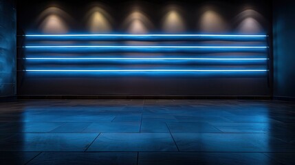 Poster - Modern interior with illuminated blue light strips on wall, creating a sleek ambiance