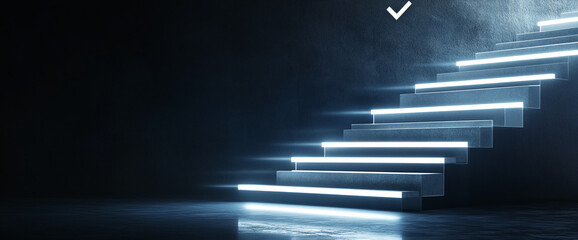 Aufkleber - Modern illuminated stairs with glowing LED lights in a dark setting, symbolizing progress, technology, and innovation. Abstract design concept representing upward movement and success