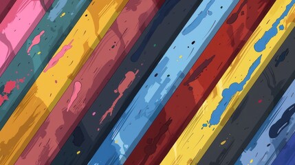 Poster - Colorful diagonal stripes of various painted wooden planks creating a vibrant abstract background