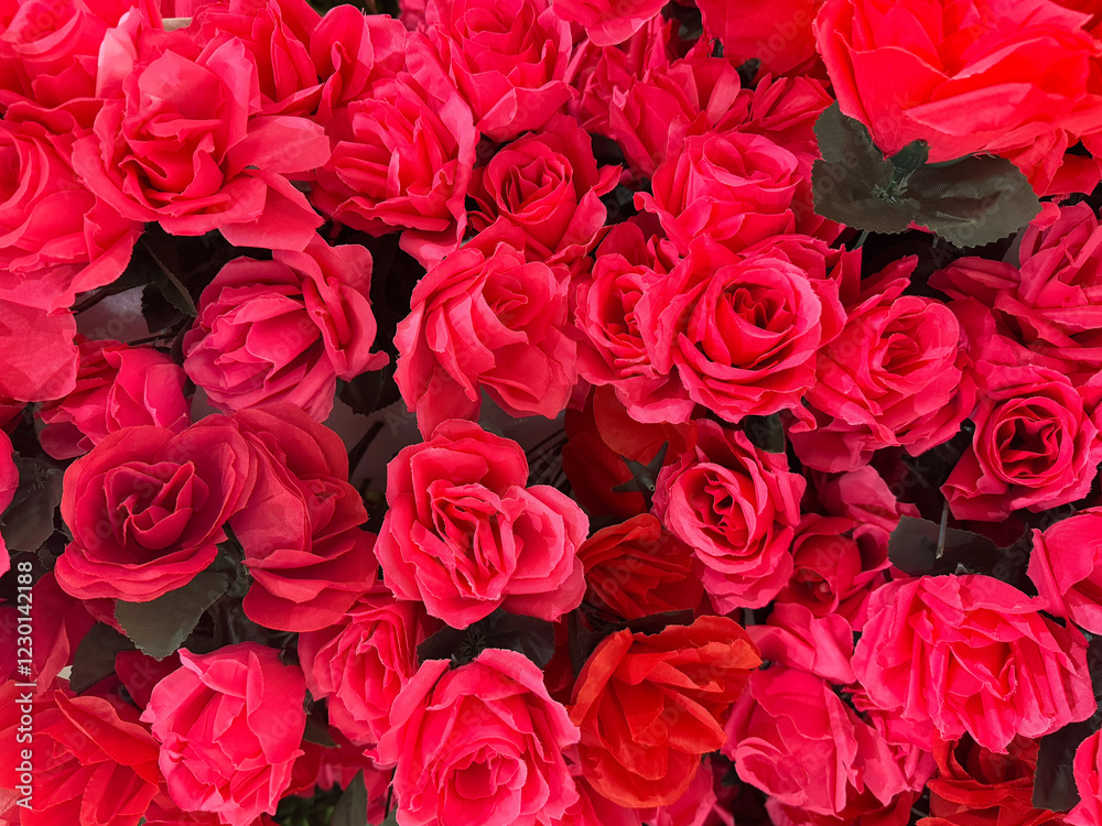 Beautiful rose flowers arrangement in deep red color. Red roses flower bouquet, with leaves and baby breath forming a romantic and beautiful decoration. for bouquet and wedding.