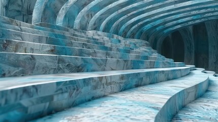 Poster - Serene abstract architecture with flowing blue curves and textured surfaces in a tranquil setting