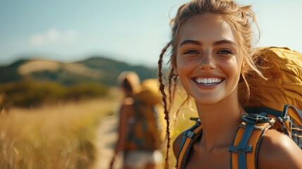 Aufkleber - Group of friends hiking up a scenic mountain trail laughing and enjoying the fresh air summer outdoor adventure Stock Photo with side copy space