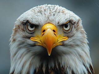 Wall Mural - close-up of an eagle's face with raindrops on its feathers and beak showing the detail of the bird