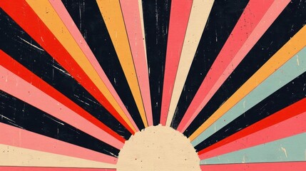 Poster - Vibrant retro sunburst design with colorful rays radiating from a central point, ideal for backgrounds
