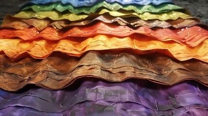 Poster - Vibrant layers of textured fabric in a rainbow spectrum showcasing artistic craftsmanship