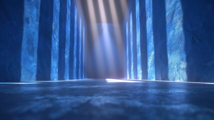 Poster - Enchanted blue corridor illuminated by light beams, creating a mystical atmosphere