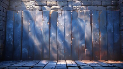 Poster - Rustic wooden wall with blue hues and light shadows, creating a serene atmosphere for photography