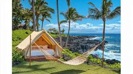 Poster - Oceanfront hammock strung between palm trees beside a luxury glamping tent perfect spot for an afternoon nap with the sound of waves in the background Stock Photo with side copy space