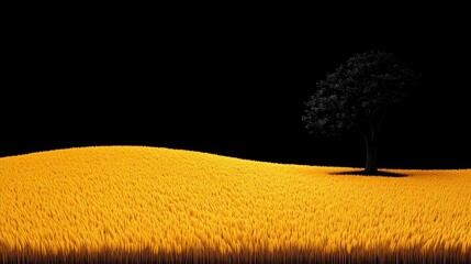 Wall Mural - Golden Field Solitude: A lone tree stands silhouetted against a vast, golden wheat field under a dark sky, creating a dramatic and serene landscape. 