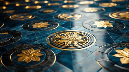 Poster - An elegant glossy ceramic tile surface showcases intricate floral patterns in rich golden hues. This stunning design captivates with its artistic details, creating a sophisticated ambiance