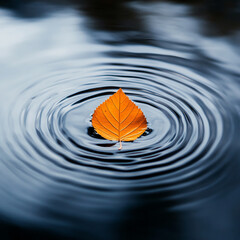 Poster - An orange autumn leaf floating on the water, creating ripples around it, symbolizing change, calmness, and the tranquility of nature, showcasing the beauty of fall.