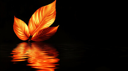 Poster - Two bright orange autumn leaves floating on water, creating a vibrant reflection in the calm water, symbolizing the beauty of fall, nature's change, and peaceful serenity.
