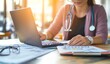 © Georgy - Accounting doctor, calculator, and a person's hands calculating bookkeeping finance, hospital budget, or medical savings. Mockup space showcasing healthcare and an accountant working on taxes, audit