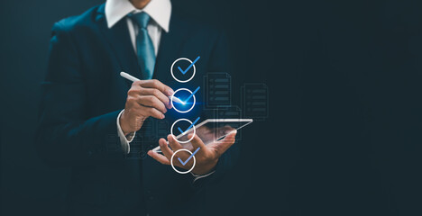 Poster - assessment form and Document Management System Concept, Businessman checks boxes to fill out online survey or checklist. Performance appraisal and document approval with virtual screen