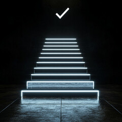 Poster - A glowing set of stairs illuminated with bright neon light leading upward with a checkmark symbol at the top, representing success, achievement, or a clear path forward.