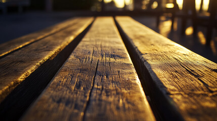 Aufkleber - Close-up view of a wooden table with textured planks, illuminated by warm sunlight, showcasing a rustic, natural surface, perfect for interior design or wood-related themes.