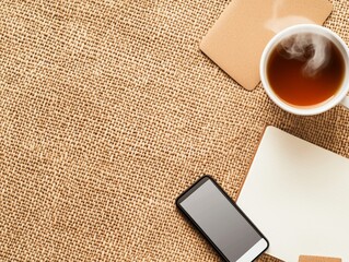 Leinwandbilder - Warm Minimalist Workspace Woven Mat and Steaming Tea with Tech Tools - Empowering Senior Entrepreneurs in Digital Business Environments