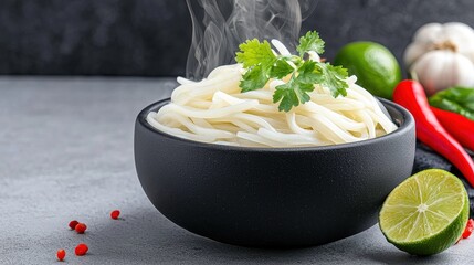 Wall Mural - Freshly Cooked Noodles with Steam, Lime, Chili, Garlic, and Fresh Herbs in a Bowl