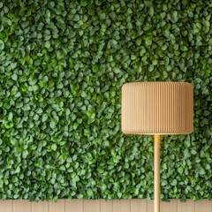 Poster - Modern Biophilic Workspaces Lush Green Living Wall with Textured Foliage and Wooden Lamp - Enhancing Productivity and Eco-Friendly Design in Corporate Offices
