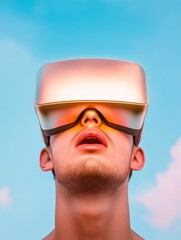 Aufkleber - Futuristic VR Experience Male Exploring Digital Realities with Reflective Headset - Immersive Tech Content for Gaming and Virtual Environments, Enhancing Digital Narratives