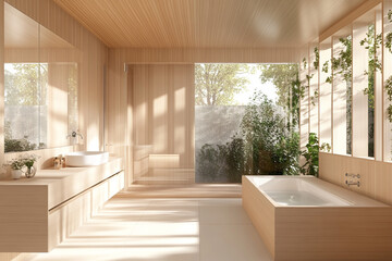 Poster - Modern bathroom with a clean design featuring a wooden bathtub, large windows with a garden view, and natural light, showcasing a minimalist and serene aesthetic.