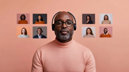 Poster - Warm Minimalist Virtual Volunteering Middle-Aged Black Man in Peach Sweater on Online Mentorship Zoom Call - Empathetic Digital Empowerment and Remote Networking for Business Growth
