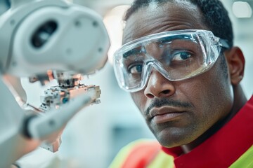 Poster - Futuristic Factory Dynamics African-Man Engineer in Goggles Oversees Precision Robotic Arm in Hi-Tech Automotive Assembly Industrial Efficiency and Smart Manufacturing Solutions