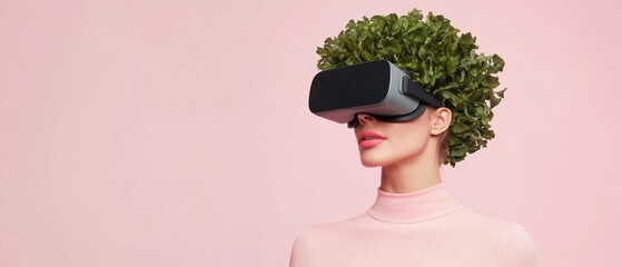 Poster - Futuristic Playful VR Woman with Leaf-textured Helmet in Interactive Tech Display - Fashion-Forward Virtual Reality for Modern Entertainment and Experiential Design