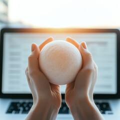 Poster - Mindful Office Microbreak Close-Up Soft Foam Ball and Blurred Laptop - Stress Relief for Enhanced Business Productivity in Tech-Driven Workspaces