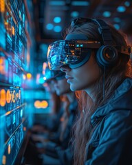Poster - Futuristic Digital Collaboration Diverse Team Using VR Headsets with Holographic Displays in Tech-Forward Workspace - Global Project Engagement and Virtual Solutions