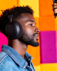 Poster - Vibrant Podcast Studio Young Black Man, 25, in Denim Jacket and Over-Ear Headphones with Microphone - Modern Media Production and Acoustic Design for Creative Remote Workspaces