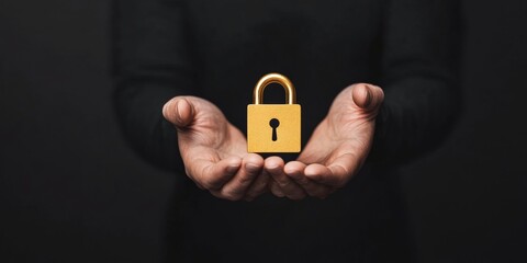 Fototapete - Sleek Digital Security Golden Futuristic Padlock Floating in Hands - Modern Cybersecurity Visual for High-Tech Business Innovation and Data Protection Solutions