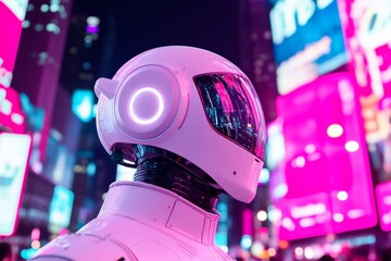 Poster - Neon Futurism Sleek Robotic Figure in Vibrant Urban Square - Illuminated Tech Design for Smart City Branding and Digital Advertising in Innovative Business Spaces