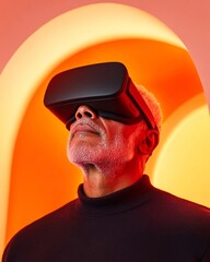 Aufkleber - Vibrant Digital Experience Middle-Aged Hispanic Man with Futuristic VR Glasses in Warm Toned Room - Immersive Virtual Reality for Tech and Digital Marketing Innovation