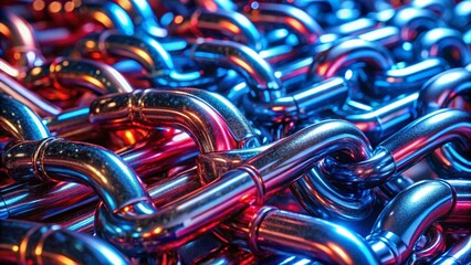 Wall Mural - Futuristic Metallic Chains: Close-up Aerial Shot of Illuminated Red & Blue Links