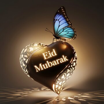Elegant 3D Illuminated Heart with 'Eid Mubarak' Engraving & Butterfly